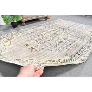 Alfombra turca clásica vintage de lana de retazos beige y verde con respaldo de látex, hecha a mano, alfombras rectangulares para mesa auxiliar de 5,2x8,4 pies - Product Image 4