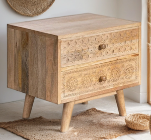 Mesita de noche de madera de mango estilo casa de campo, hecha a mano, con tallado vintage y almacenamiento, ensamblada, hecha en Rajasthan. - Product Image 2