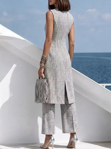 Traje de dos piezas elegante gris para mujer, con chaleco largo y pantalón, estilo europeo y americano, para venta transfronteriza en plataformas independientes, colección 2026 - Product Image 3