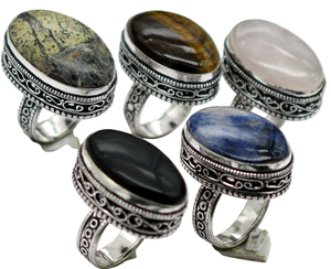 Anillos de latón macizo chapados en plata con ajuste de bisel de diseñador Vintage, joyería de moda de declaración de piedra Original surtida brillante en venta - Product Image 3