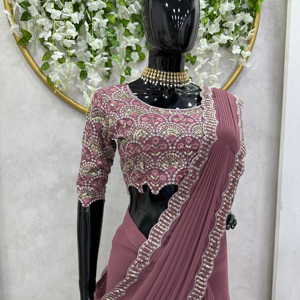 Hermoso Sari de Diseñador Listo para Usar con Trabajo de Hilo y Lentejuelas - Product Image 1