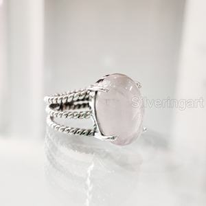 Anillo de mujer Piedra preciosa de cuarzo rosa natural Piedra natal de Abril 3 Banda trenzada Joyería hecha a mano de Navidad Anillo de plata esterlina 925 - Product Image 1