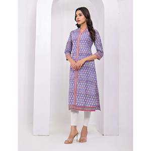 Kurti Azul de Algodón con Estampado de Bloques, Ropa Tradicional India Étnica Cosida para Uso Diario, Fiestas y Ocasiones Especiales, Tela de Red - Product Image 4
