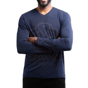 Buena calidad Nueva llegada Cuello en V Estilo Color azul Streetwear Camiseta clásica Otoño Invierno Everyday Loungewear Top Camisa de manga larga - Product Image 3