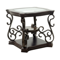 Table d'appoint traditionnelle à 2 niveaux avec plateau en verre, table d'appoint avec cadre en métal à motifs pour salon, entrée