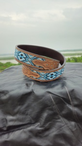 Ceinture Western en cuir usiné à boucle en alliage vintage avec motif sud-ouest perlé de turquoise bleue - Product Image 4