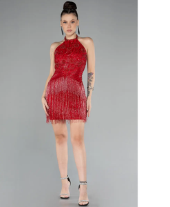 Robe de soirée courte longueur licou Style tissu en mousseline de soie cristaux de pierre droite paillettes perlées Style de fête antistatique respirant - Product Image 5