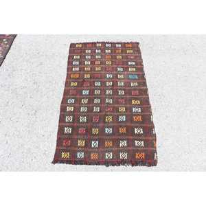 2.4x4.1 ft Turkish Vintage Rug, Small Rug, Kilim <b>Brown</b> <b>Wool</b> Rug - Product Image 1