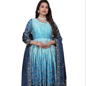 Estilo indio del Sur Desi & Healthy Women Special Pure Chinon Seda y manga con vestido largo hasta el suelo de trabajo con el mismo conjunto Dupatta - Product Image 1