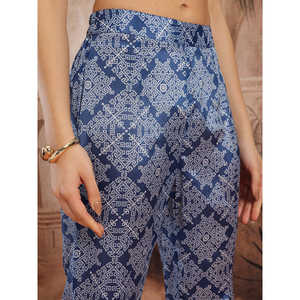 Ensemble Kurta et Palazzo bleu imprimé pour femme avec col à nœud et manches trois-quarts pour la saison printemps/été - Product Image 6