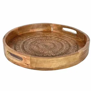 Bandejas de madera grabadas a mano quemadas personalizadas de calidad experta Bandeja de servicio de madera de mango natural Decoración de servicio multiusos a bajo precio - Product Image 1