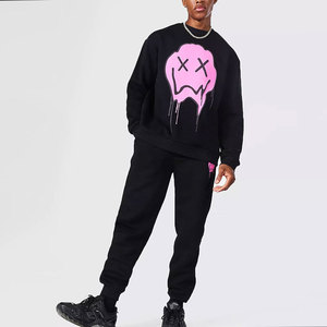 Men's Black <b>Pink</b> Drip Skull Printed Crewneck <b>Sweatshirt</b> Full Length Tracksuit Set Streetwear Loose Fit Autumn Wear - Product Image 1