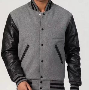 Chaqueta Letterman de calidad superior elegante y a la moda con cuerpo de lana Oxford ligero mangas de cuero negro cálido fino para el invierno - Product Image 3