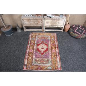 Tapis turc, petit tapis vintage 3,5x4,9 pieds, tapis arc-en-ciel floral - Product Image 1