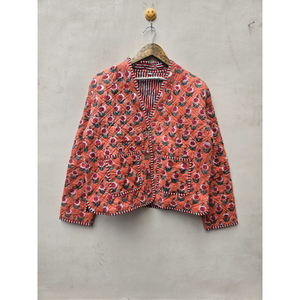 Chaqueta acolchada de algodón con estampado de bloque Floral Vintage hecha a mano india para mujer, forro de lino suave, ajuste de estilo bohemio para Otoño e Invierno - Product Image 1