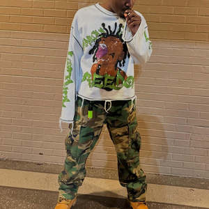 Camiseta Personalizada de Algodón Grueso Tejido para Hombre, con Bordado Estampado, Dobladillo Deshilachado, Lavado en Contraste, Estilo Hip Hop Urbano, Talla Grande - Product Image 1