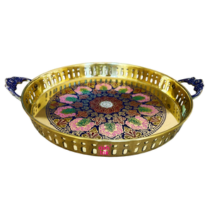 Bandeja de servicio redonda con asa de calidad superior, bandeja de latón y té, construcción de latón y diseño elegante, chapado en oro caro - Product Image 1