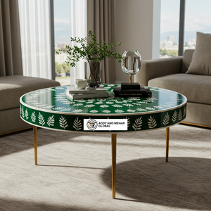ผู้ผลิตชาวอินเดียที่เป็นมิตรกับสิ่งแวดล้อมยุคใหม่ นำเสนอโต๊ะกาแฟทรงกลมลายดอกไม้ฝังกระดูกสีเขียว พร้อมฐานโลหะสีทอง - Product Image 1