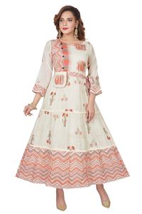 Robe Kurti longue ethnique indienne pour femme Flair blanc imprimé Sexy costume de Style pakistanais pour mariages et fêtes-numéro de modèle fantaisie - Product Image 3