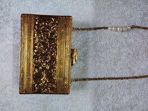 Handcrafted Mother of Pearl Mosaic Panelled Clutch with Crystal Floral Motif <b>Gold</b> Frame Luxury <b>Evening</b> <b>Bag</b> - Product Image 2