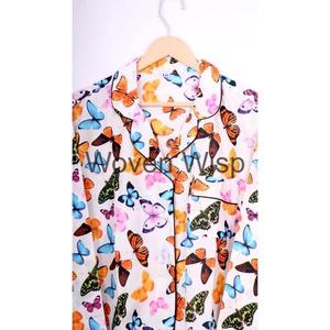 Conjunto de pijama de algodón con estampado floral de mariposa suministrado por ODM, cintura elástica, manga larga, talla grande, tejido a cuadros para el hogar, invierno, verano - Product Image 2