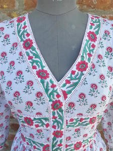 Hand Block Printed <b>Long</b> Gown Indian Cotton Casual V-Neck <b>Dress</b> with Floral Embroidery Maxi Length Sustainable - Product Image 4