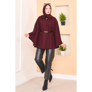 Autumn Warm Houndstooth Patterned Belted Hijab <b>Poncho</b> Burgundy - Product Image 3