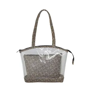 Fashion Cosmetic Bag Made From Combination of Jute and 0.08 MM Thick PVC Sheet High Quality See Through Beach Tote Hand Bag
