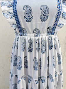 Indian Cotton Linen Maxi Dress Breathable Summer Costume with Digital Printing <b>White</b> Tiered Gift for Her Natural Waistline - Product Image 3