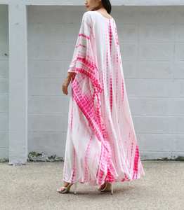 ชุดเดรสยาวทรงคาฟทัน แขนสั้น คอจีน ลายมัดย้อมสีชมพู สำหรับผู้หญิง ผลิตจากวัสดุวิสโคส เป็นมิตรต่อสิ่งแวดล้อม ชายกระโปรงบาน สไตล์ลำลองสำหรับใส่กลางแจ้ง ไม่ใช่ผ้าทอ - Product Image 4