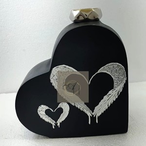 Artisan Matte <b>Black</b> Heart Metal Memorial Urn – Intricate Silver Hand-Engraved Feather <b>Wings</b> Keepsake Vessel for Funeral - Product Image 1