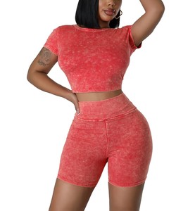 Logo personnalisé OEM Vêtements pour femmes Survêtement en coton délavé à l'acide Ensembles pour femmes côtelés Tenues assorties Ensemble de Short2-Piece - Product Image 2