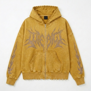 <b>Yellow</b> Distressed Zip Up <b>Hoodie</b> <b>Men</b> Oversized Streetwear Graphic Fleece Sweatshirt Custom Casual Fashion Jacket - Product Image 1