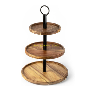 Three Tier <b>Wooden</b> Dessert <b>Stand</b> With Black Handle Rustic Round <b>Cupcake</b> Pastry Display Tray For Kitchen Party Wedding & Table - Product Image 1