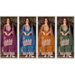 Elegante Vichitra bordado Salwar Kameez a juego Plazzo bordado Dupatta para fiesta moda étnica que absorbe la humedad - Product Image 5