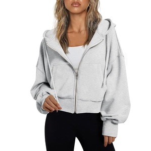 Sudadera con Capucha Corta Oversize para Mujer, Color Gris Sólido, Manga Larga, Tejido de Mezcla de Algodón, Ropa de Otoño - Product Image 1