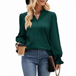 Nueva Camiseta Otoño/Invierno, Nueva Camiseta Lisa con Cuello en V, Jacquard, Manga Larga, Holgada, Blusa para Mujer - Product Image 5