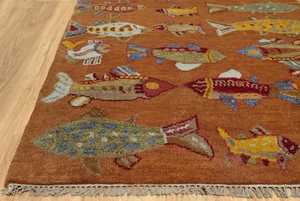 Handmade Modern Fish Rug High Antique Traditional Persian Design Terracotta Nautical Carpet Wool Cotton for Area Rugs Sets - Product Image 5