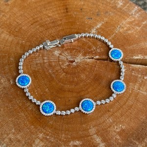 Bracelet tennis en opale de feu bleue naturelle, argent sterling 925, fait main, luxueux, élégant, cadeau d'anniversaire, de fiançailles pour femme - Product Image 6