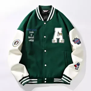 Kolej tarzı açık Vintage havlu nakış özel Logo Zip Up artı boyutu erkek Letterman birinci takım beyzbol ceketi