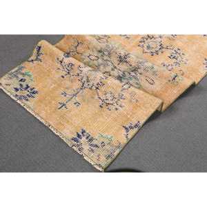 Vintage 1.8x3.8 ft Rug, Small Turkish Rug, <b>Yellow</b> Blue Ikat <b>Wool</b> Rug - Product Image 4