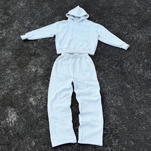 Design de broderie personnalisé pull-over épais 100% coton sweats à capuche gris et pantalons de survêtement baggy survêtement ensemble deux pièces jogging - Product Image 1