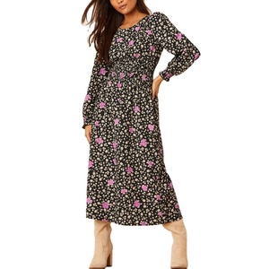 Vestido negro de manga larga con estampado floral para mujer, fabricantes de ropa, elegantes vestidos MIDI con cintura fruncida y logotipo personalizado - Product Image 1