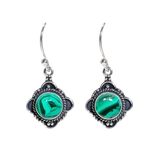 Boucles d'oreilles de style bohème plaqué argent sterling 925 à la mode pierre précieuse malachite verte pierre naturelle lunette anniversaire - Product Image 3