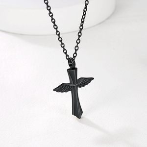 Collar de urna de acero inoxidable negro con ala de Ángel para hombres y mujeres, colgante de medallones de cenizas de Metal de recuerdo conmemorativo de tamaño personalizado - Product Image 4