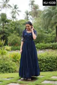 Indian Ethnic Wear Faux Blooming with Embroidery Zari Sequins Work Anarkali Readymade Gowns with Plus Size Available for Women - Product Image 4