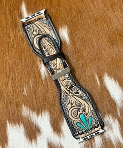 แฮนด์เมดออกแบบเองดอกไม้ตะวันตกเครื่องมือและหนังทาสีที่สวยงามเทอร์ควอยซ์แฟลร์นาฬิกาสายนาฬิกาหนังแท้สายนาฬิกา - Product Image 1