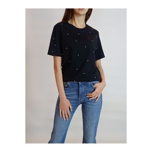 T-shirt in cotone pettinato con pietra nera a collo Zero da donna y101098 - Product Image 5