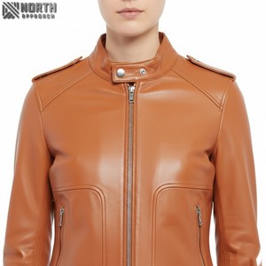 Chaqueta de cuero genuino con logotipo personalizado para mujer Último diseño Ropa de invierno informal Etiqueta privada Suministro al por mayor con damas teñidas - Product Image 5