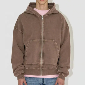 Sweat à capuche personnalisé 500Gsm poids lourd 100% coton Vintage lavage à l'acide fermeture éclair détresse Patch broderie hiver bases coton mélangé - Product Image 4